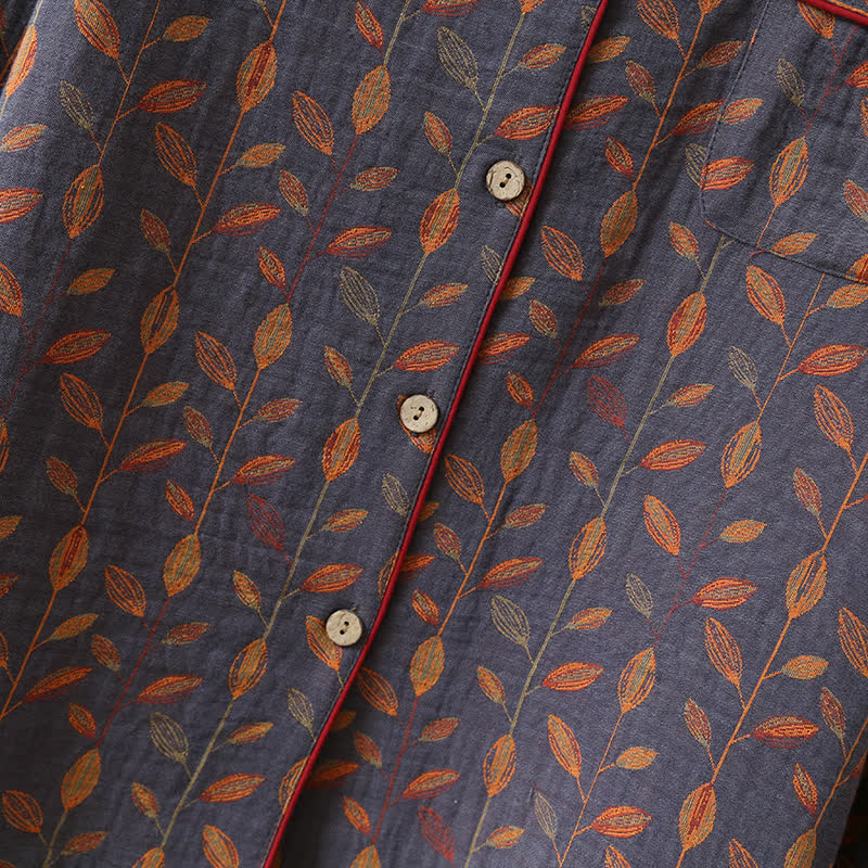 Pyjama-Set mit langen Ärmeln aus Baumwolle im Retro-Blatt-Stil