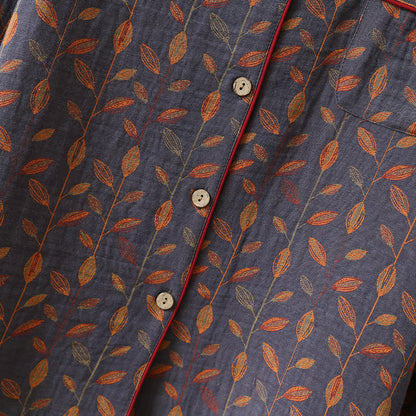Pyjama-Set mit langen Ärmeln aus Baumwolle im Retro-Blatt-Stil