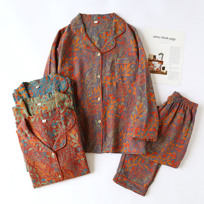 Vintage Loungewear-Set aus Baumwolle mit Blattmotiv und Revers - image 0