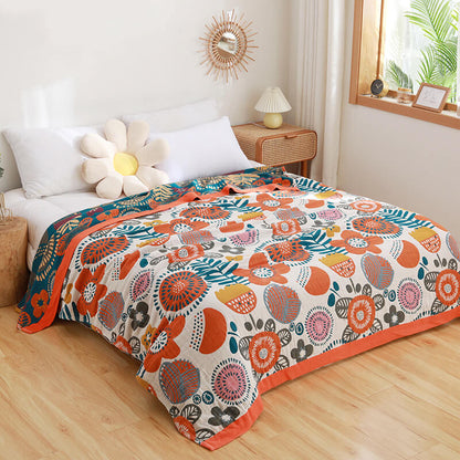 Ownkoti Orangefarbene Baumwollsteppdecke mit Cartoon-Blumenmuster