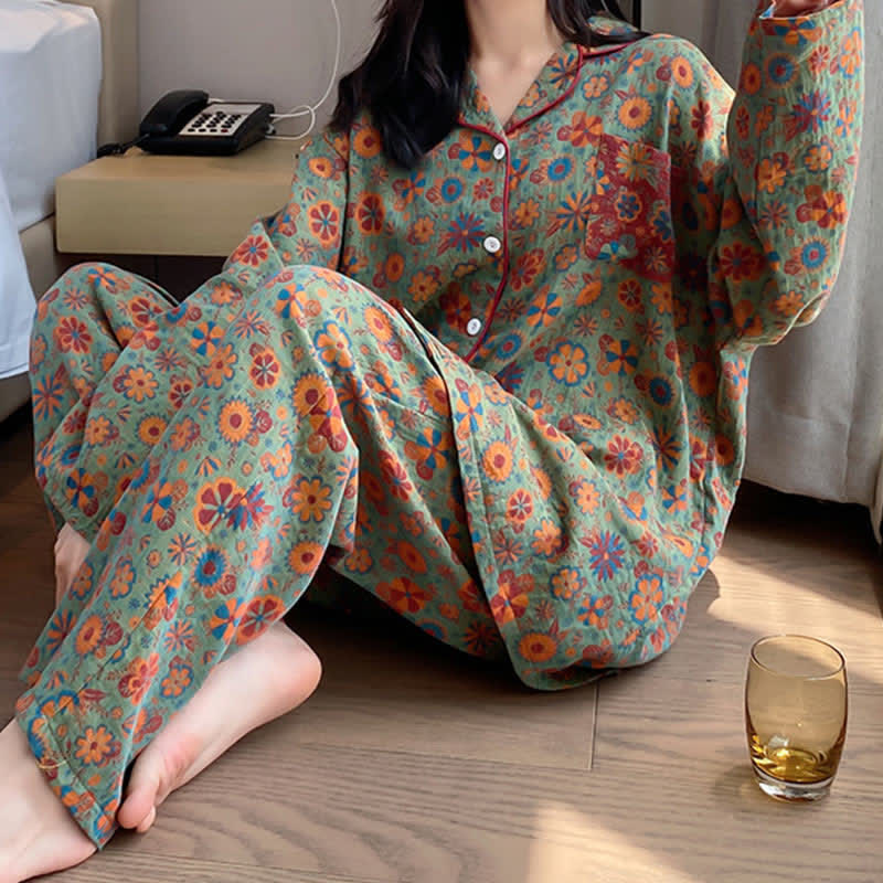 Loungewear-Set aus Baumwolle mit Blumenmuster in Übergröße