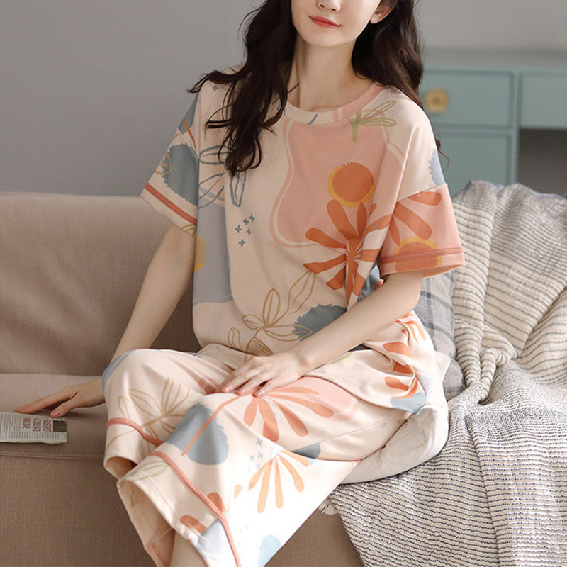 Loungewear-Set aus Baumwolle mit Blumen- und Blattmuster