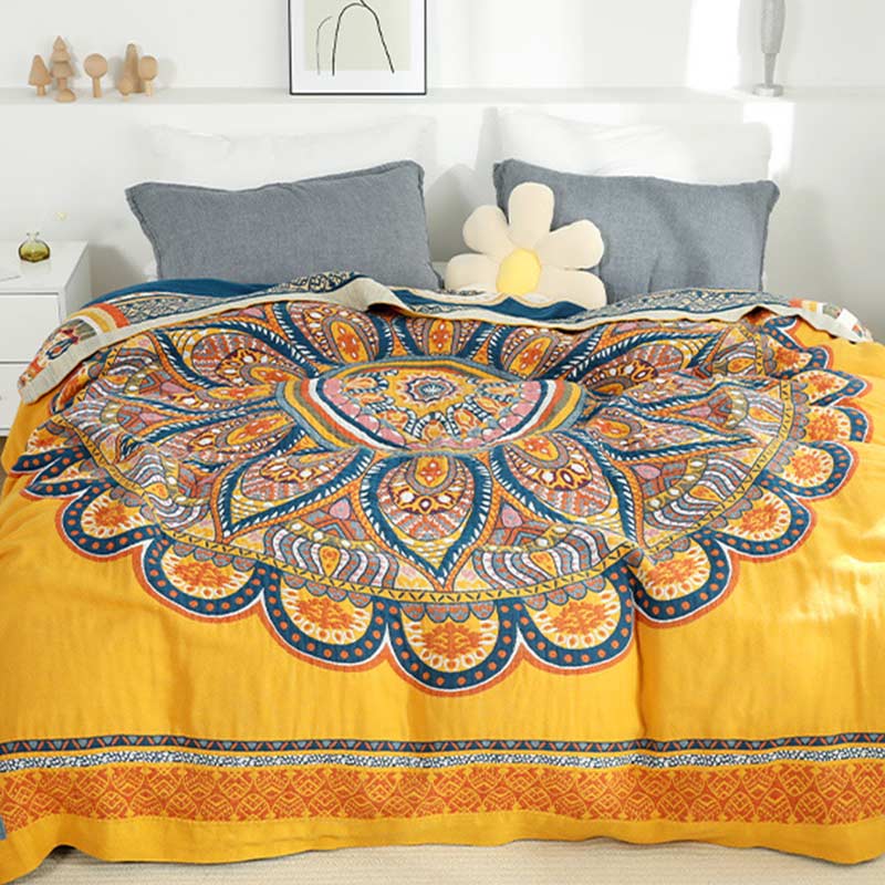 Ownkoti Bohemian Wende-Sommersteppdecke mit gelben Blumen