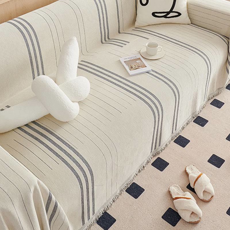 Sofaschoner aus Chenille mit geraden Streifen und Quasten