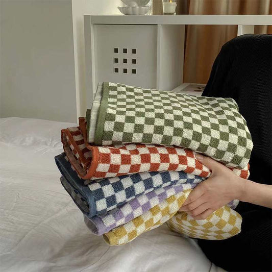 Ownkoti Badetuch-Set mit Schachbrettmuster und Farbblockdesign