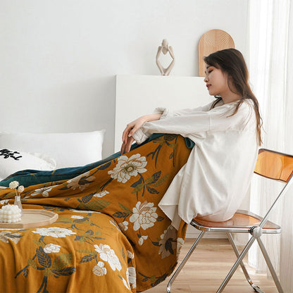 Ownkoti Boho-Steppdecke aus Baumwolle mit gelben Blumen