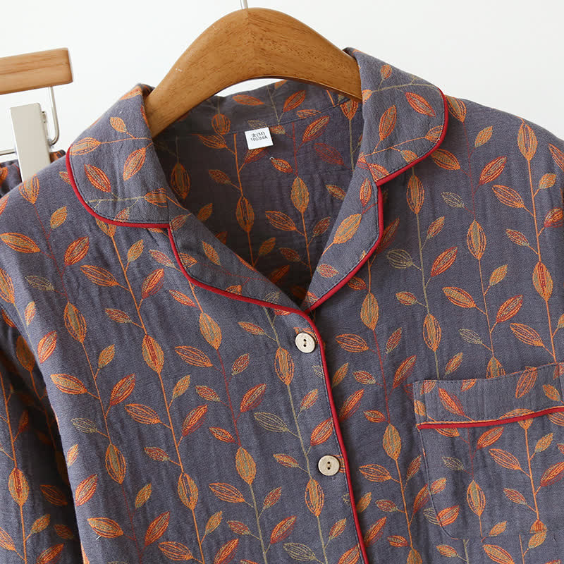 Pyjama-Set mit langen Ärmeln aus Baumwolle im Retro-Blatt-Stil