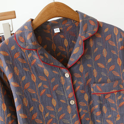 Pyjama-Set mit langen Ärmeln aus Baumwolle im Retro-Blatt-Stil