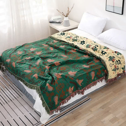 Ownkoti Boho Atmungsaktive Wendedecke mit Blumen und Vögeln