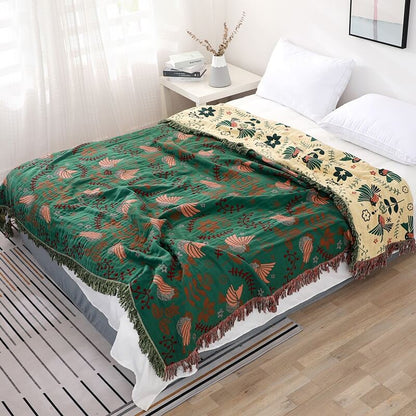 Ownkoti Boho Atmungsaktive Wendedecke mit Blumen und Vögeln