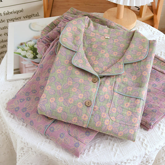 Pyjama-Set aus reiner Baumwolle mit Jacquardmuster und Blättern