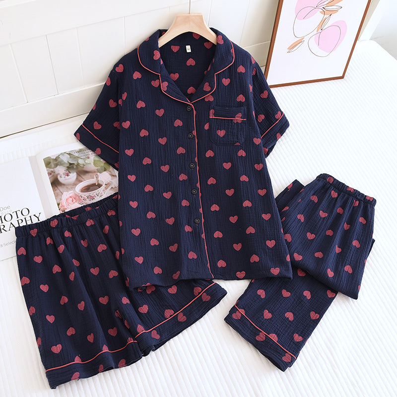 Pyjama-Set aus reiner Baumwolle mit Herzmuster (3-teilig) - Marineblau - XL - image 8