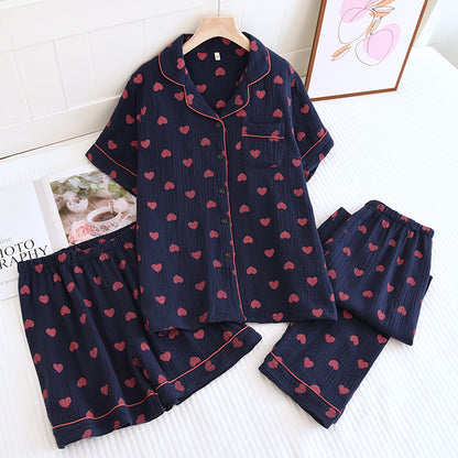 Pyjama-Set aus reiner Baumwolle mit Herzmuster (3-teilig) - Marineblau - XL - image 8