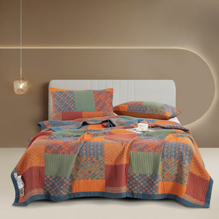 Dreilagige, atmungsaktive Baumwoll-Steppdecke aus Gaze - Tagesdecke mit 2 Kissenbezügen - Orange - König - image 0