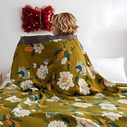 Ownkoti Baumwollsteppdecke mit Olivenblumen-Print