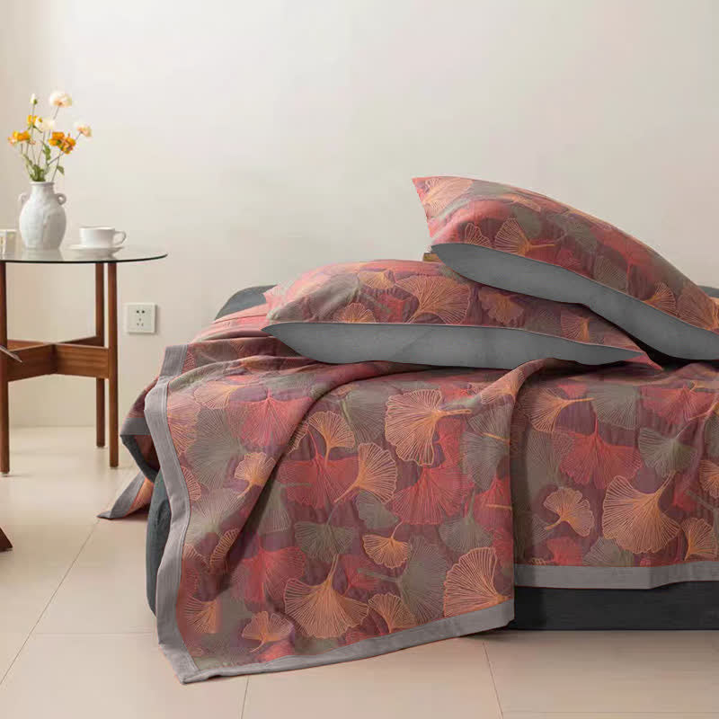 Dreilagige Steppdecke aus Baumwollgaze mit Ginkgoblättern - Steppdecke mit 2 Kissenbezügen - Lila & Pink - 240cm x 250cm - image 8