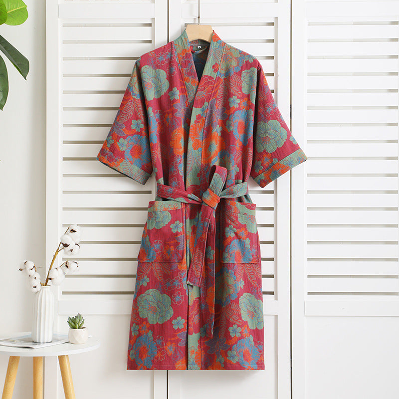 Retro-Sommerbademantel aus Baumwollgaze mit Blumenmuster