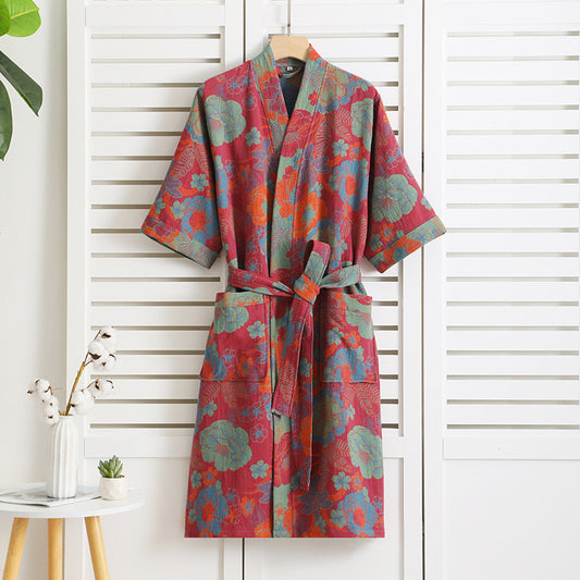 Retro-Sommerbademantel aus Baumwollgaze mit Blumenmuster