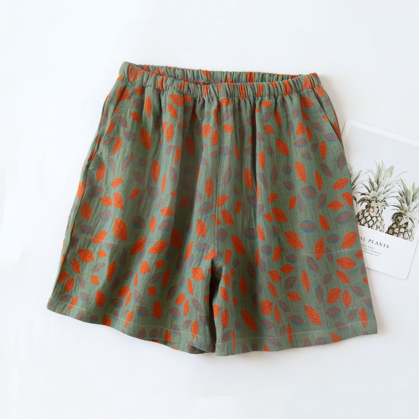 Pyjama-Shorts aus Baumwollgaze mit Blumenmuster und Blättern