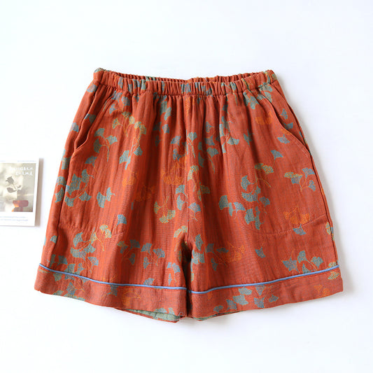 Pyjama-Shorts aus Baumwollgaze mit Ginkgoblättern