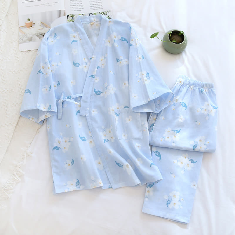 Pyjama-Set aus Baumwollgaze mit V-Ausschnitt und Blumenmuster