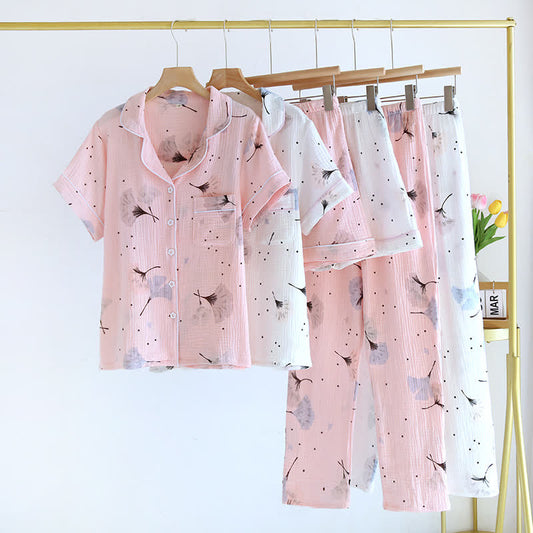 Pyjama-Set aus Baumwollgaze mit Ginkgoblättern (3-teilig)