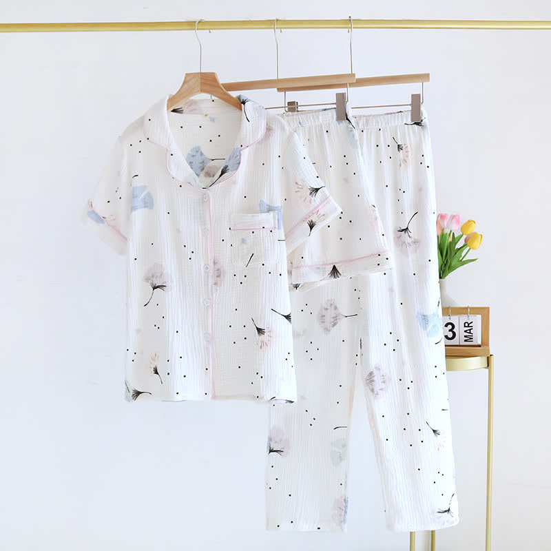 Pyjama-Set aus Baumwollgaze mit Ginkgoblättern (3-teilig)