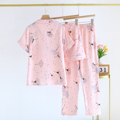 Pyjama-Set aus Baumwollgaze mit Ginkgoblättern (3-teilig)