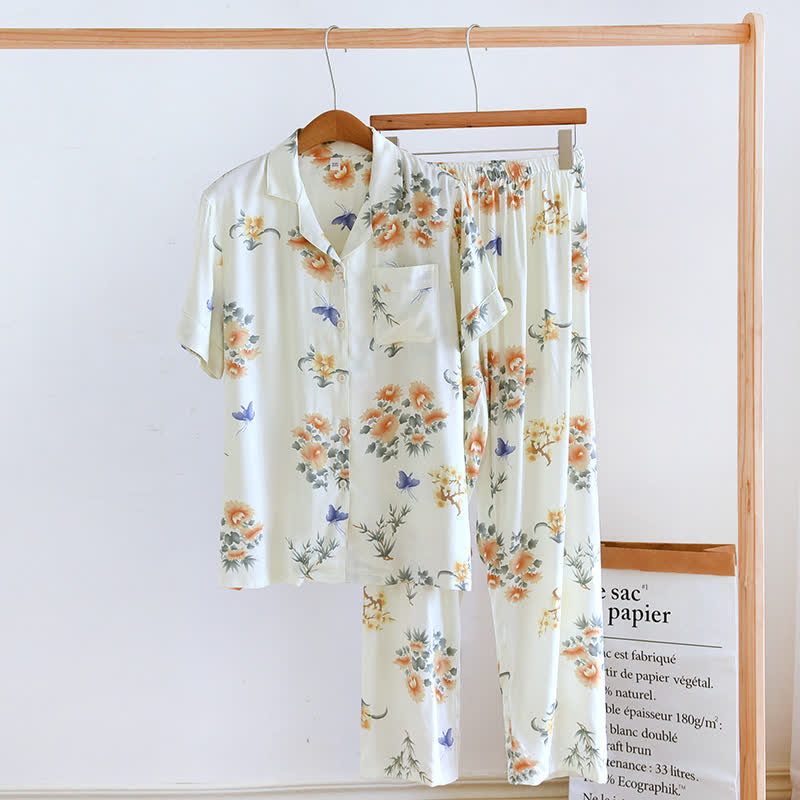 Satin-Pyjama-Set im ländlichen Stil mit kurzen Ärmeln