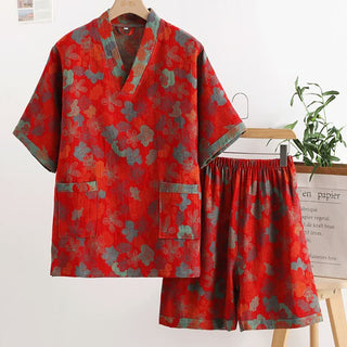 Nachtwäsche-Set aus Baumwollgaze im ländlichen Stil mit V-Ausschnitt - Rot - XL - image 0