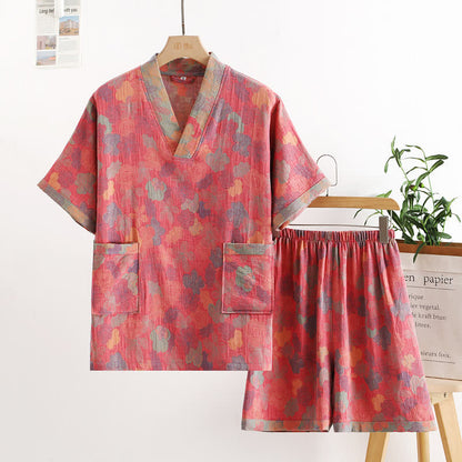 Nachtwäsche-Set aus Baumwollgaze im ländlichen Stil mit V-Ausschnitt - Rosa - XL - image 2