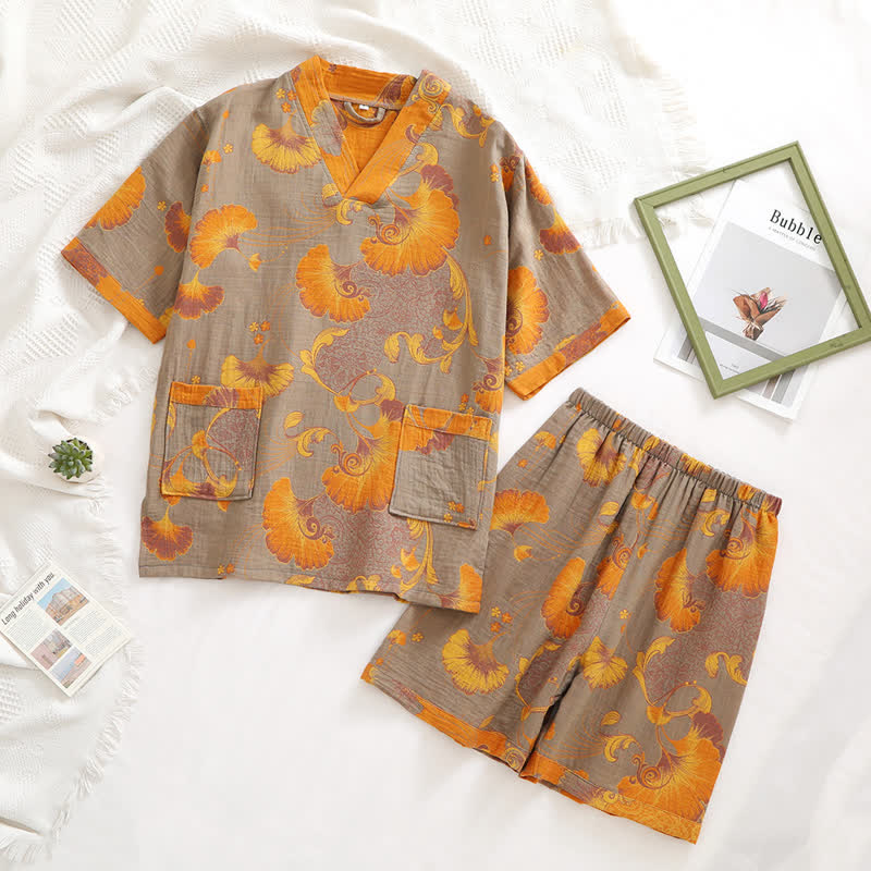 Retro-Sommerpyjama-Set aus Baumwollgaze mit V-Ausschnitt
