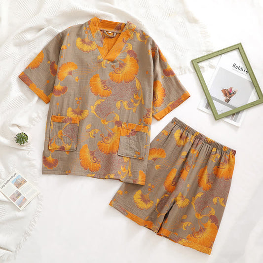 Retro-Sommerpyjama-Set aus Baumwollgaze mit V-Ausschnitt
