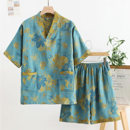 Pyjama-Set aus Baumwollgaze mit V-Ausschnitt und kurzen Ärmeln