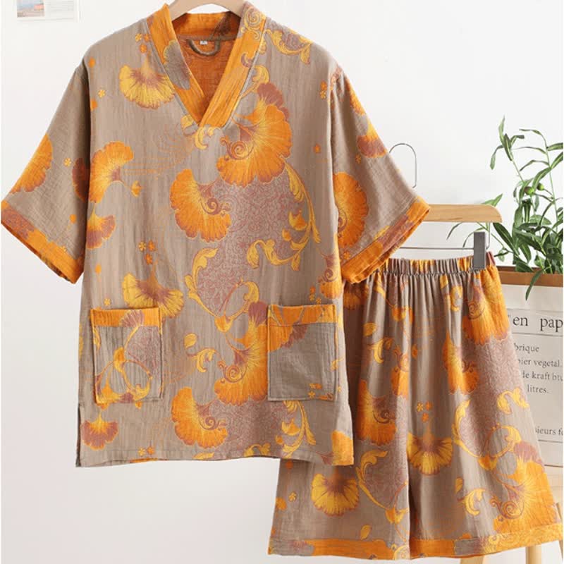 Retro-Sommerpyjama-Set aus Baumwollgaze mit V-Ausschnitt
