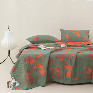Wendesteppdecke aus Baumwolle mit orangefarbenen Ginkgoblättern - Grün & Orange - Decke - 240cm x 250cm - image 0