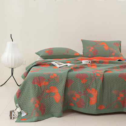 Wendesteppdecke aus Baumwolle mit orangefarbenen Ginkgoblättern - Grün & Orange - Decke - 240cm x 250cm - image 0
