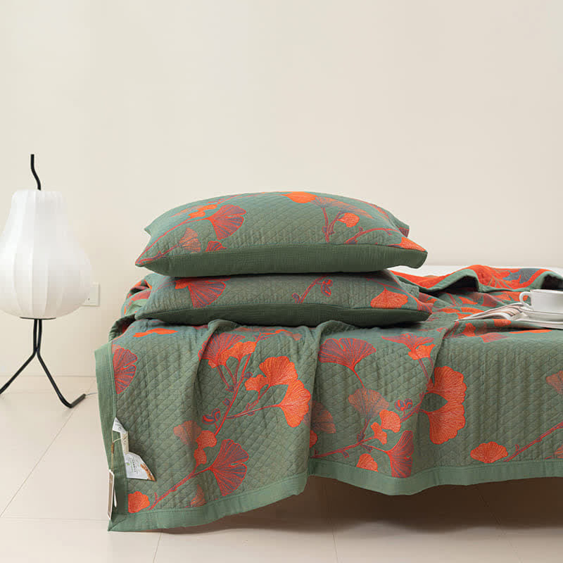Wendesteppdecke aus Baumwolle mit orangefarbenen Ginkgoblättern - Grün & Orange - 2 Kissenbezüge - 48cm x 74cm - image 4