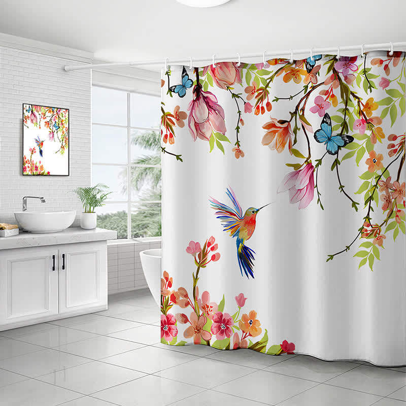Wasserdichter Duschvorhang mit pastoralem Vogel- und Blumenmotiv
