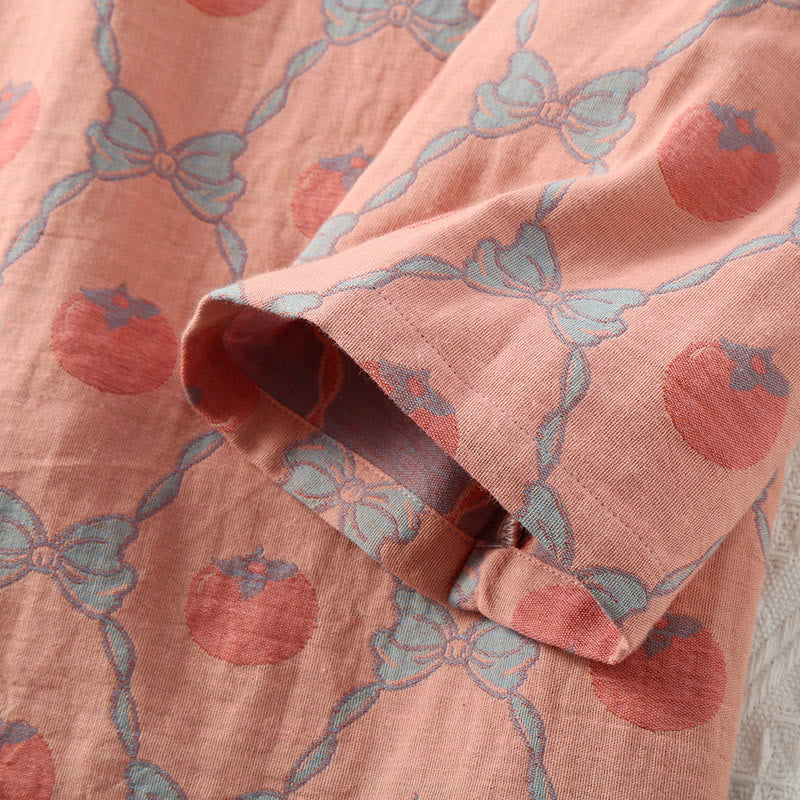 Garngefärbtes Jacquard-Pyjama-Set aus persimmonfarbener Baumwolle