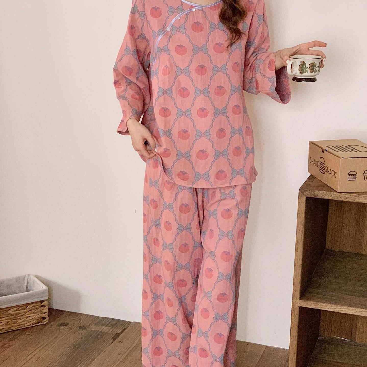 Garngefärbtes Jacquard-Pyjama-Set aus persimmonfarbener Baumwolle