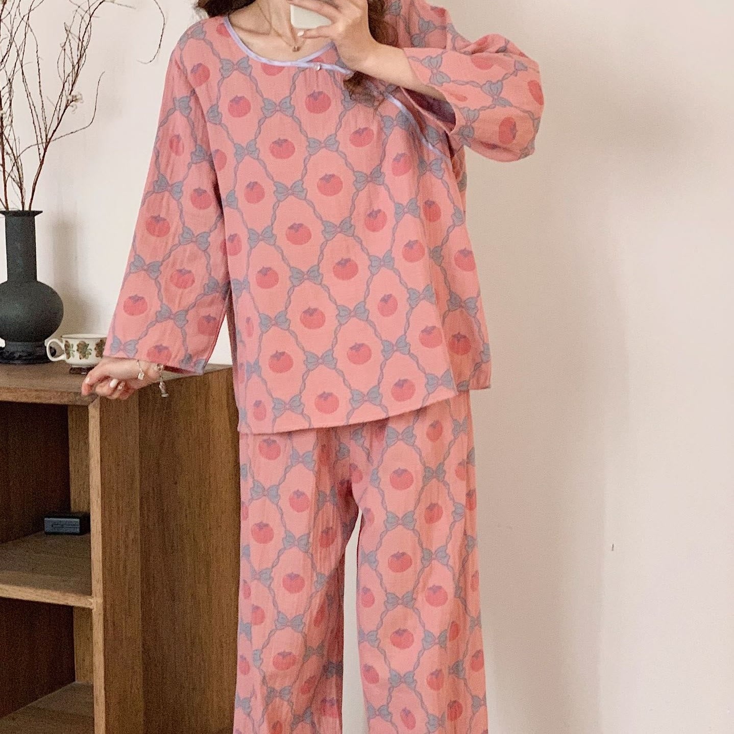 Garngefärbtes Jacquard-Pyjama-Set aus persimmonfarbener Baumwolle