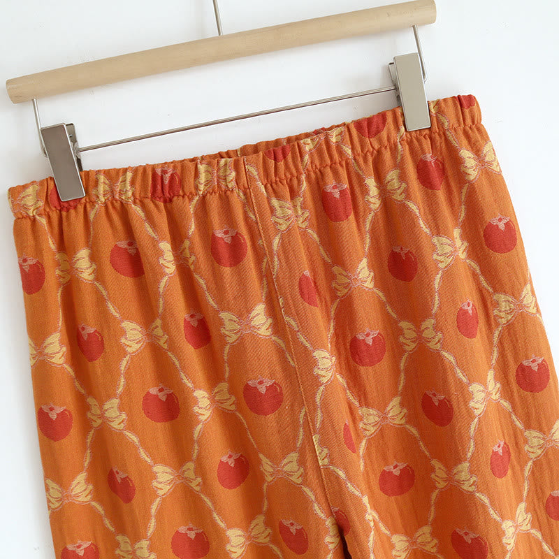 Garngefärbtes Jacquard-Pyjama-Set aus persimmonfarbener Baumwolle