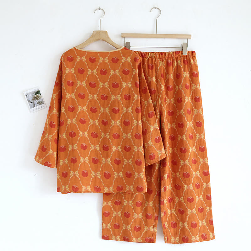 Garngefärbtes Jacquard-Pyjama-Set aus persimmonfarbener Baumwolle