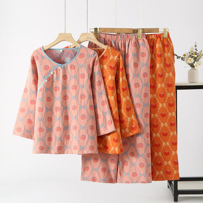 Garngefärbtes Jacquard-Pyjama-Set aus persimmonfarbener Baumwolle