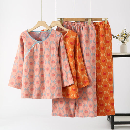 Garngefärbtes Jacquard-Pyjama-Set aus persimmonfarbener Baumwolle