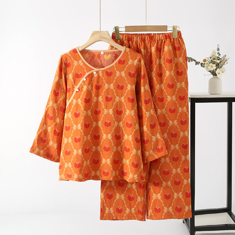 Garngefärbtes Jacquard-Pyjama-Set aus persimmonfarbener Baumwolle