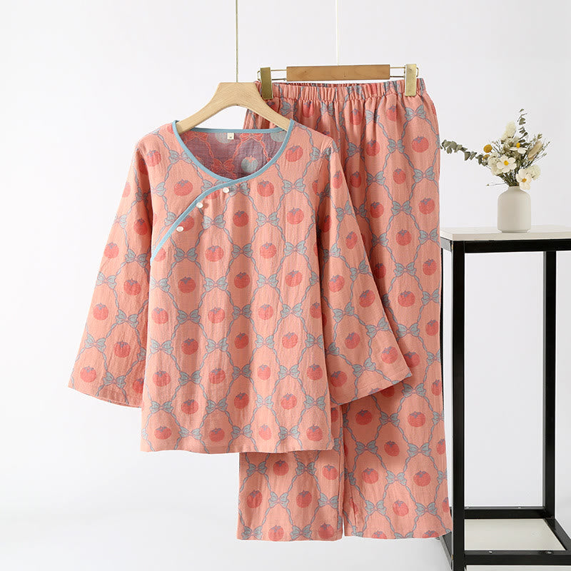 Garngefärbtes Jacquard-Pyjama-Set aus persimmonfarbener Baumwolle
