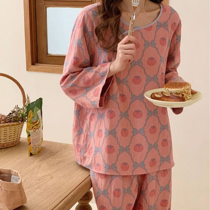 Garngefärbtes Jacquard-Pyjama-Set aus persimmonfarbener Baumwolle