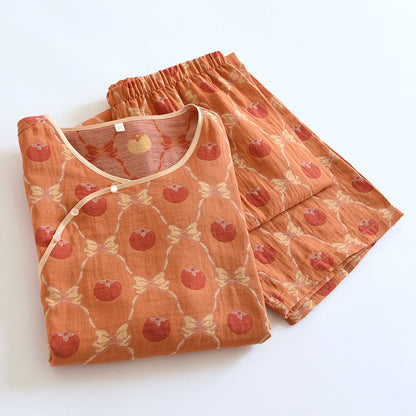 Garngefärbtes Jacquard-Pyjama-Set aus persimmonfarbener Baumwolle